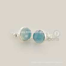 Nouvelle mode à la mode Best Quality Aqua Calcédoine Gemstone Bezel Stud Earrings Jewelry Supplier